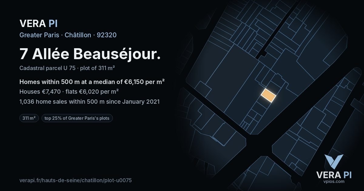 7 Allée Beauséjour, Châtillon at night – the plot lit, the parcels around coloured by the prices near them
