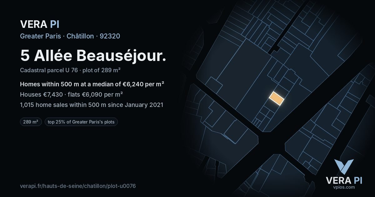 5 Allée Beauséjour, Châtillon at night – the plot lit, the parcels around coloured by the prices near them
