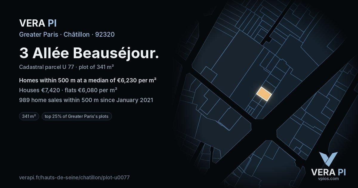 3 Allée Beauséjour, Châtillon at night – the plot lit, the parcels around coloured by the prices near them