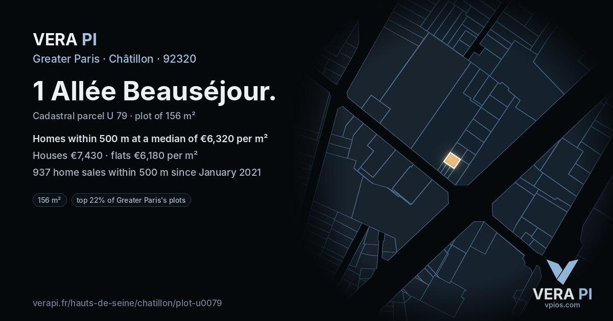 1 Allée Beauséjour, Châtillon at night – the plot lit, the parcels around coloured by the prices near them
