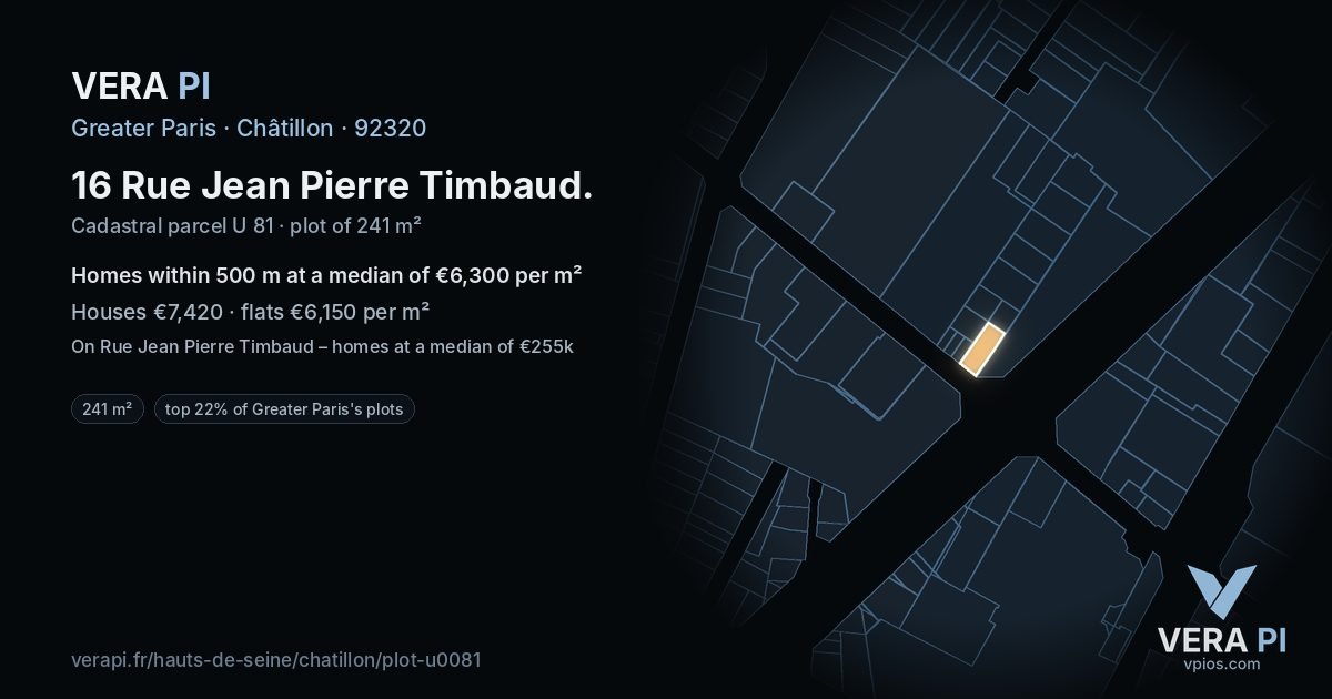16 Rue Jean Pierre Timbaud, Châtillon at night – the plot lit, the parcels around coloured by the prices near them
