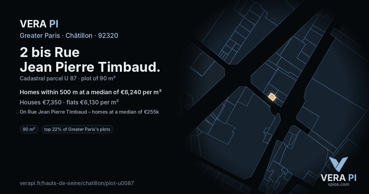 2 bis Rue Jean Pierre Timbaud, Châtillon at night – the plot lit, the parcels around coloured by the prices near them