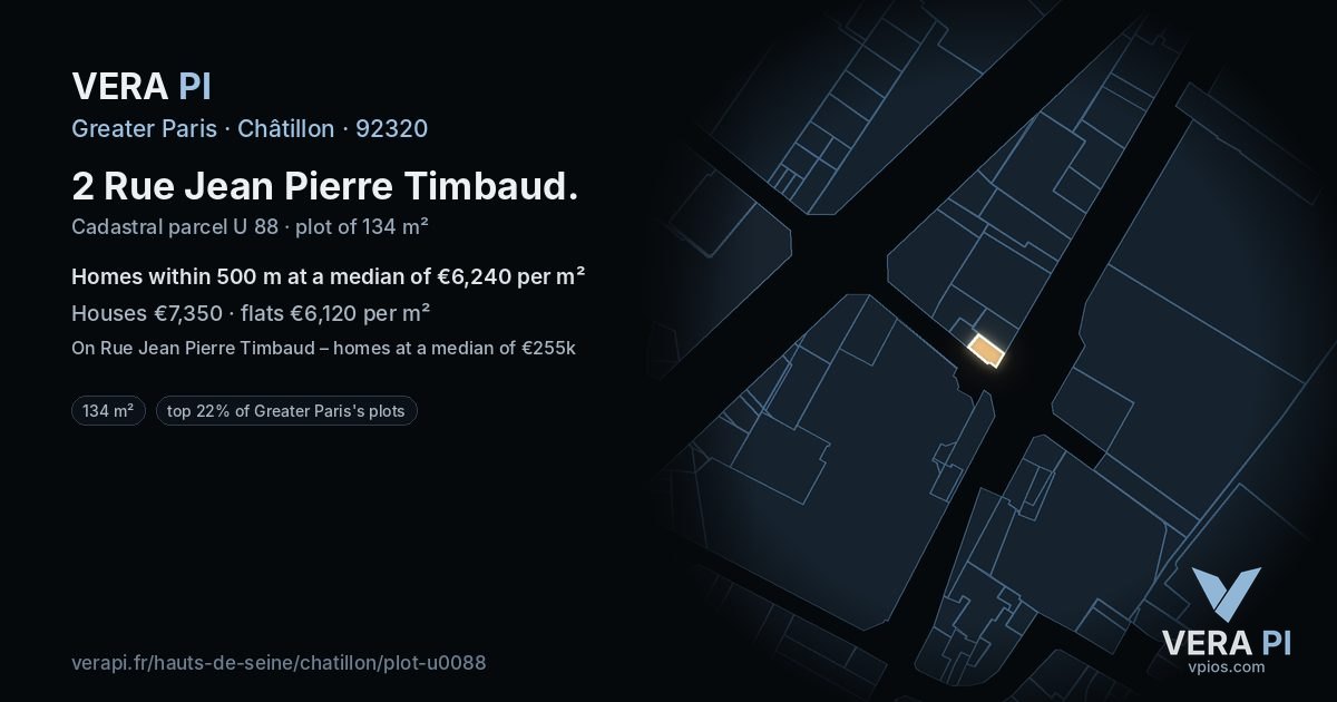 2 Rue Jean Pierre Timbaud, Châtillon at night – the plot lit, the parcels around coloured by the prices near them