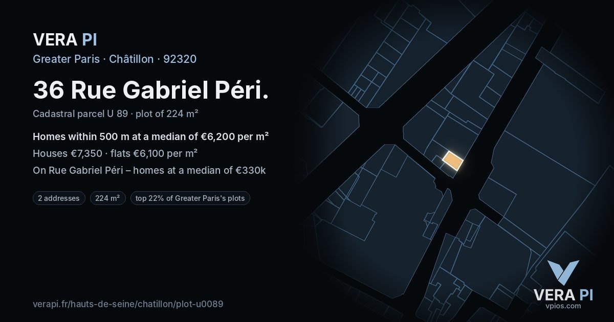 36 Rue Gabriel Péri, Châtillon at night – the plot lit, the parcels around coloured by the prices near them