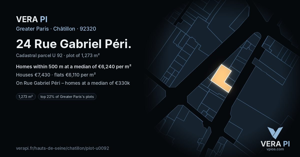 24 Rue Gabriel Péri, Châtillon at night – the plot lit, the parcels around coloured by the prices near them