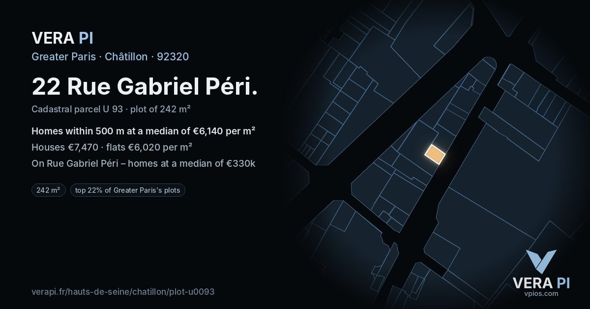 22 Rue Gabriel Péri, Châtillon at night – the plot lit, the parcels around coloured by the prices near them