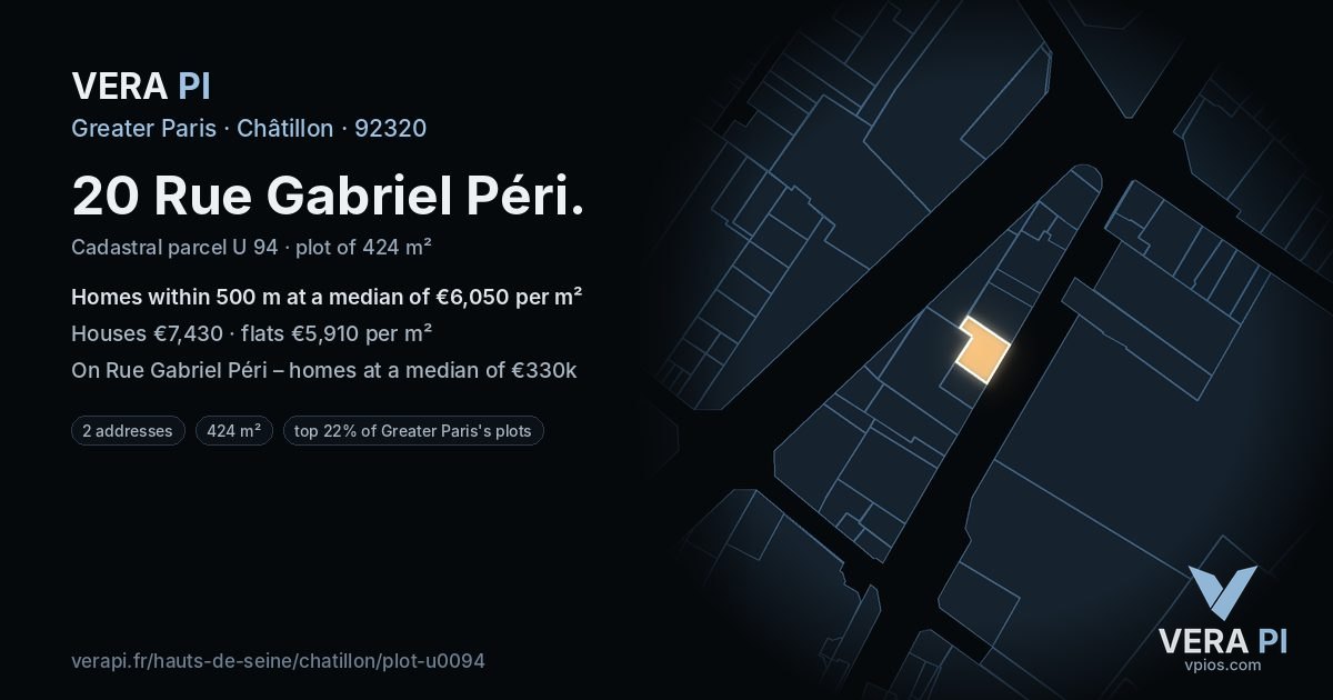 20 Rue Gabriel Péri, Châtillon at night – the plot lit, the parcels around coloured by the prices near them