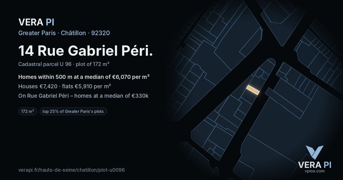 14 Rue Gabriel Péri, Châtillon at night – the plot lit, the parcels around coloured by the prices near them