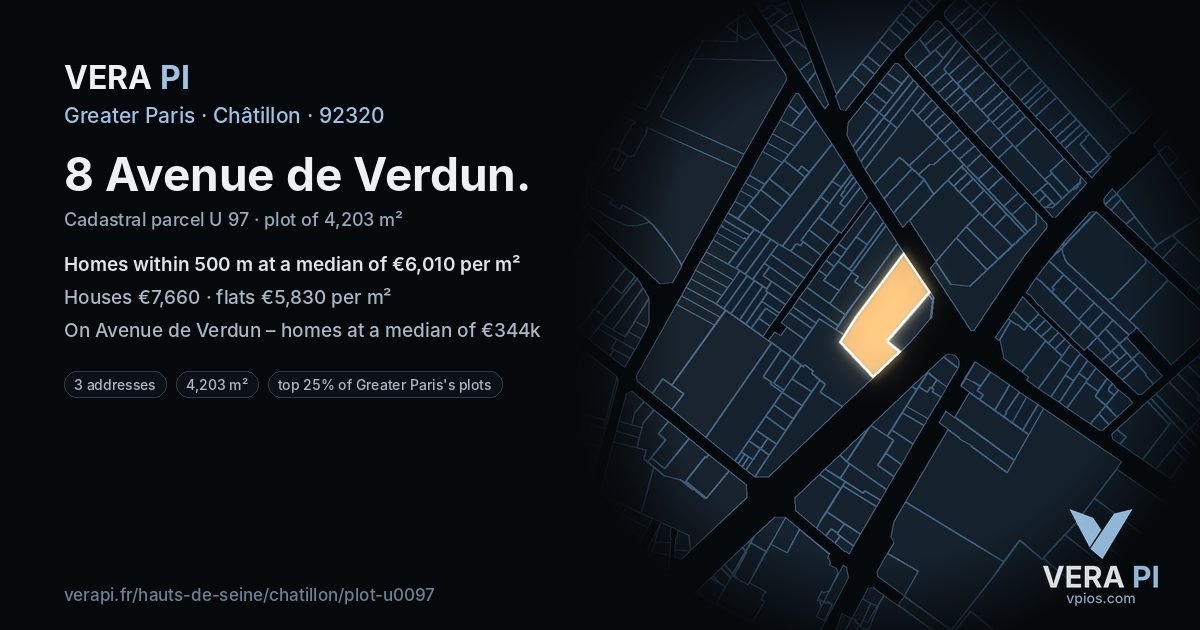 8 Avenue de Verdun, Châtillon at night – the plot lit, the parcels around coloured by the prices near them