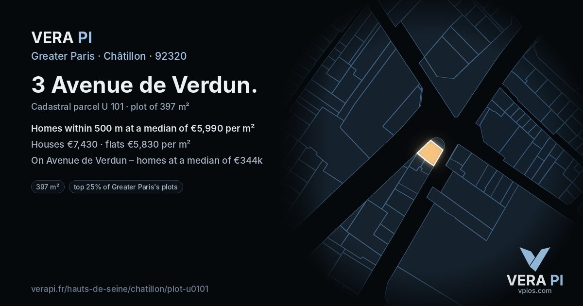 3 Avenue de Verdun, Châtillon at night – the plot lit, the parcels around coloured by the prices near them