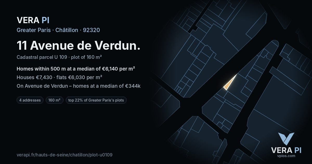 11 Avenue de Verdun, Châtillon at night – the plot lit, the parcels around coloured by the prices near them