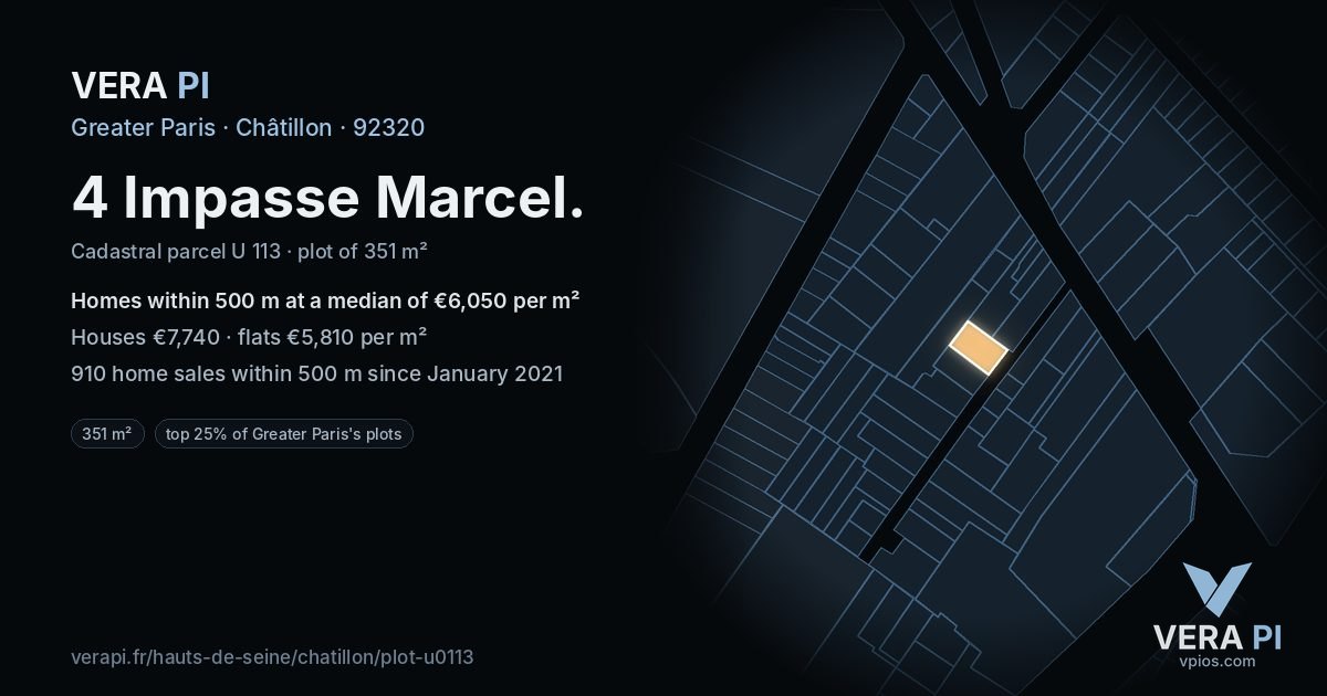 4 Impasse Marcel, Châtillon at night – the plot lit, the parcels around coloured by the prices near them