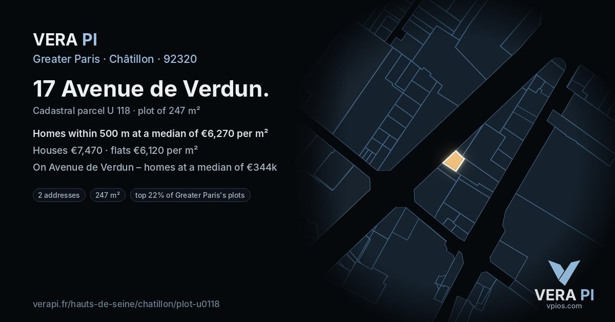 17 Avenue de Verdun, Châtillon at night – the plot lit, the parcels around coloured by the prices near them