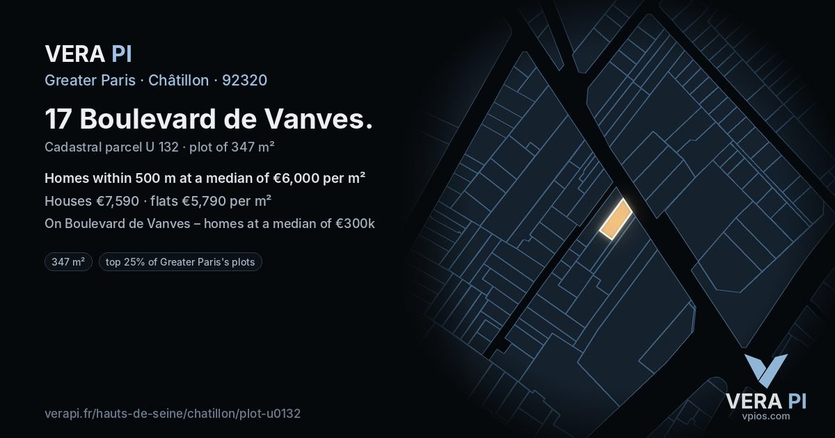 17 Boulevard de Vanves, Châtillon at night – the plot lit, the parcels around coloured by the prices near them