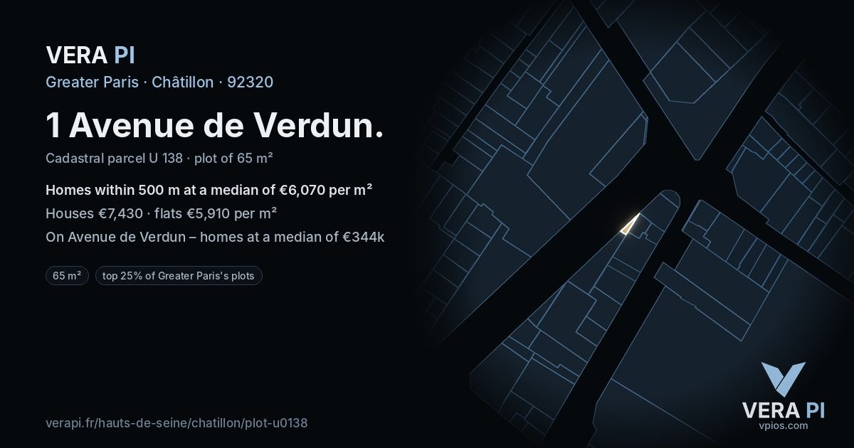 1 Avenue de Verdun, Châtillon at night – the plot lit, the parcels around coloured by the prices near them