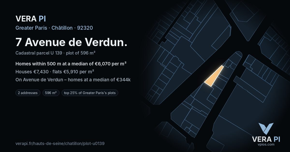 7 Avenue de Verdun, Châtillon at night – the plot lit, the parcels around coloured by the prices near them