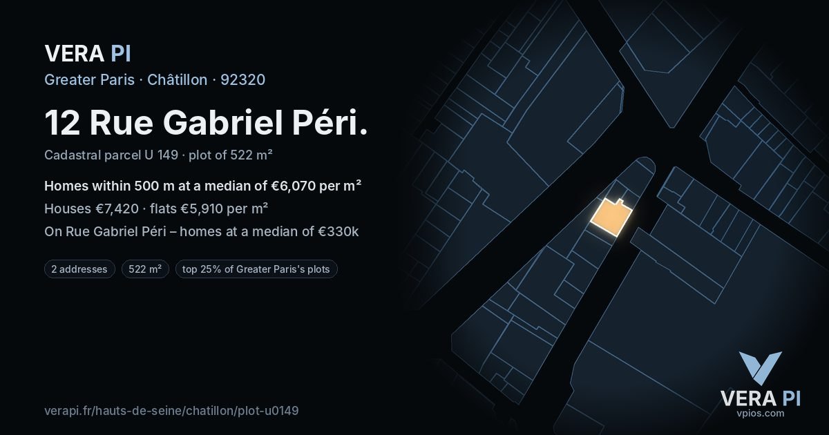 12 Rue Gabriel Péri, Châtillon at night – the plot lit, the parcels around coloured by the prices near them