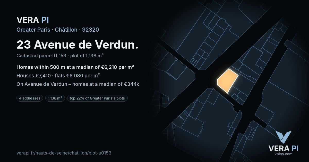 23 Avenue de Verdun, Châtillon at night – the plot lit, the parcels around coloured by the prices near them