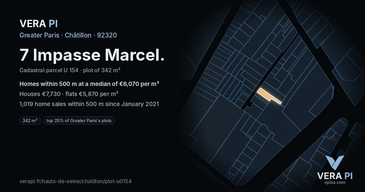 7 Impasse Marcel, Châtillon at night – the plot lit, the parcels around coloured by the prices near them