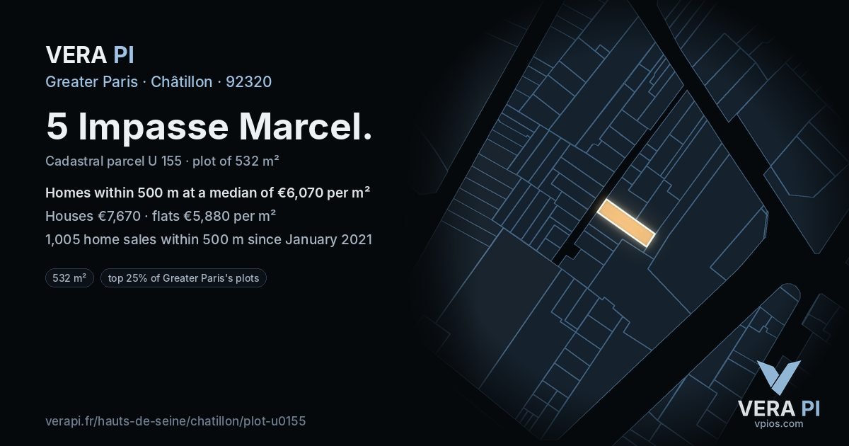 5 Impasse Marcel, Châtillon at night – the plot lit, the parcels around coloured by the prices near them