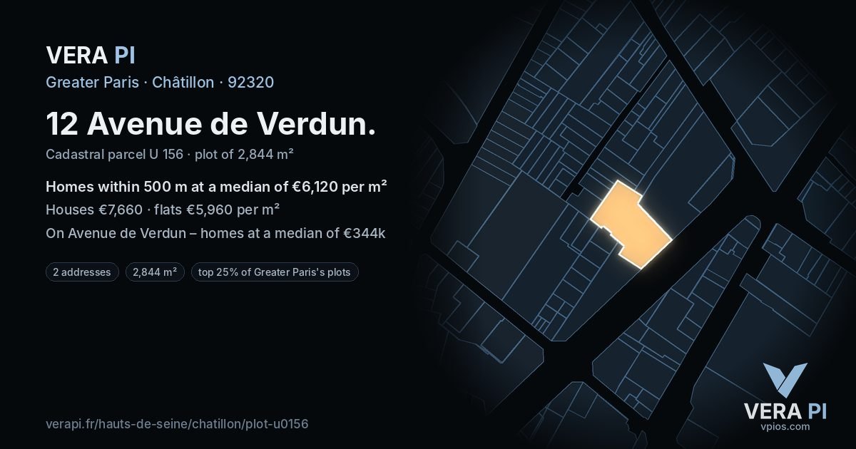 12 Avenue de Verdun, Châtillon at night – the plot lit, the parcels around coloured by the prices near them
