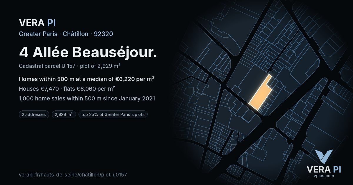 4 Allée Beauséjour, Châtillon at night – the plot lit, the parcels around coloured by the prices near them