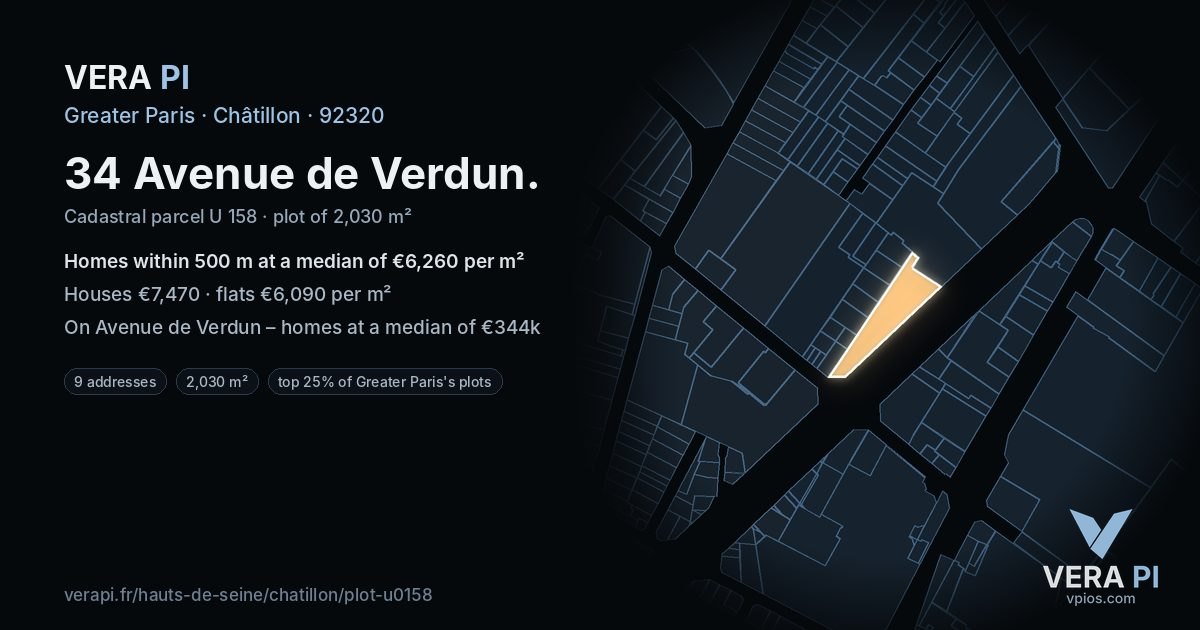 34 Avenue de Verdun, Châtillon at night – the plot lit, the parcels around coloured by the prices near them