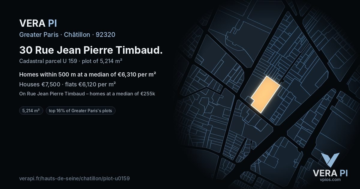 30 Rue Jean Pierre Timbaud, Châtillon at night – the plot lit, the parcels around coloured by the prices near them