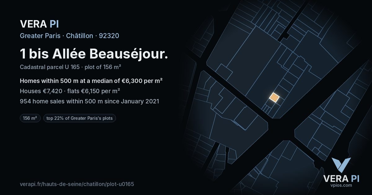 1 bis Allée Beauséjour, Châtillon at night – the plot lit, the parcels around coloured by the prices near them