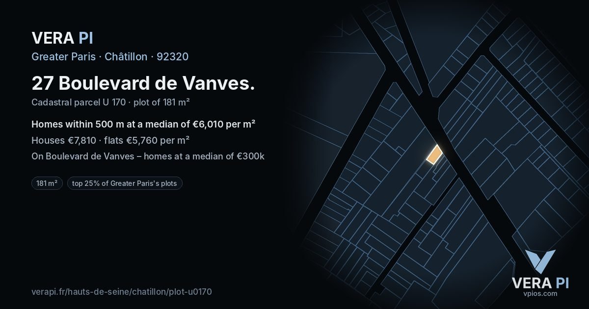 27 Boulevard de Vanves, Châtillon at night – the plot lit, the parcels around coloured by the prices near them