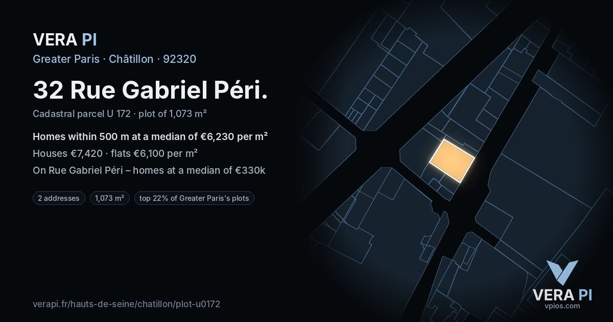32 Rue Gabriel Péri, Châtillon at night – the plot lit, the parcels around coloured by the prices near them