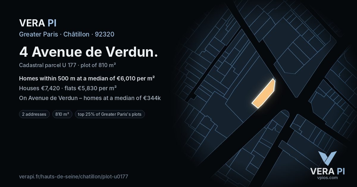 4 Avenue de Verdun, Châtillon at night – the plot lit, the parcels around coloured by the prices near them