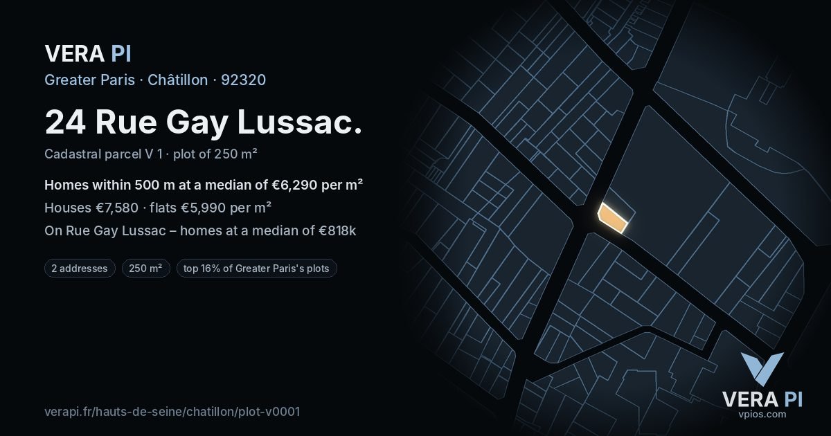 24 Rue Gay Lussac, Châtillon at night – the plot lit, the parcels around coloured by the prices near them