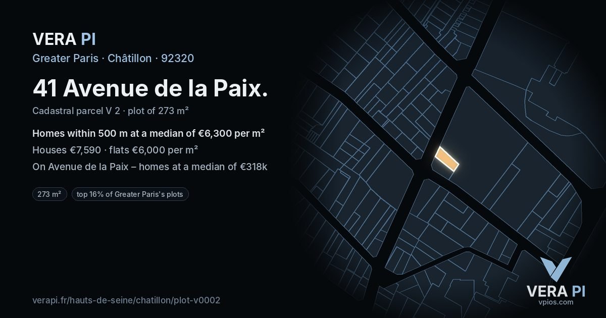 41 Avenue de la Paix, Châtillon at night – the plot lit, the parcels around coloured by the prices near them