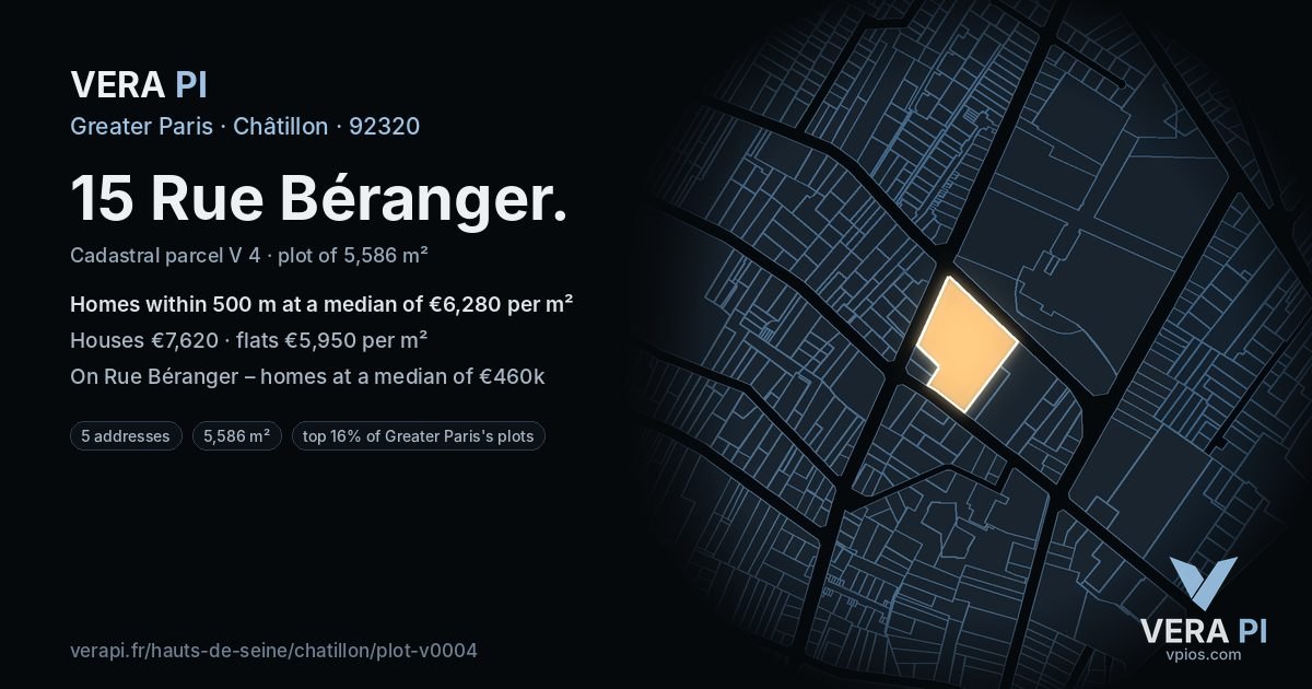 15 Rue Béranger, Châtillon at night – the plot lit, the parcels around coloured by the prices near them
