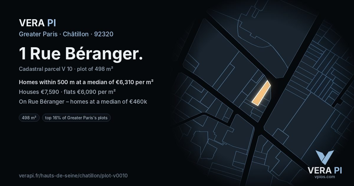 1 Rue Béranger, Châtillon at night – the plot lit, the parcels around coloured by the prices near them