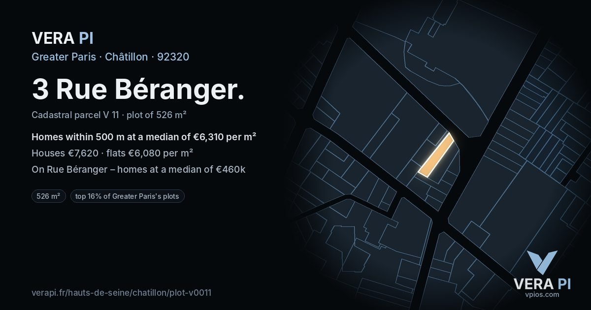 3 Rue Béranger, Châtillon at night – the plot lit, the parcels around coloured by the prices near them