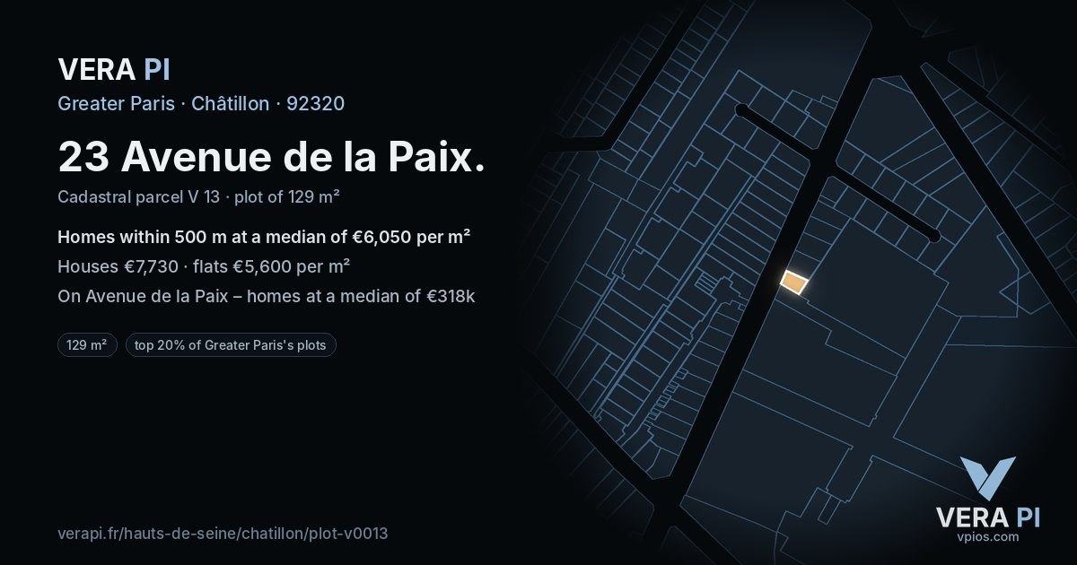 23 Avenue de la Paix, Châtillon at night – the plot lit, the parcels around coloured by the prices near them