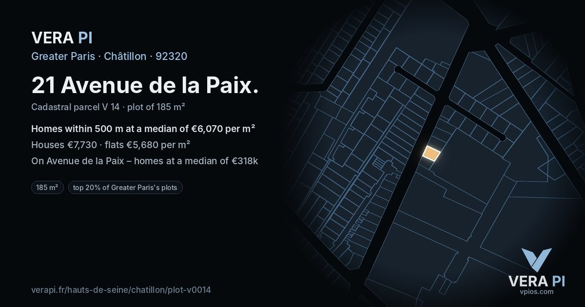 21 Avenue de la Paix, Châtillon at night – the plot lit, the parcels around coloured by the prices near them