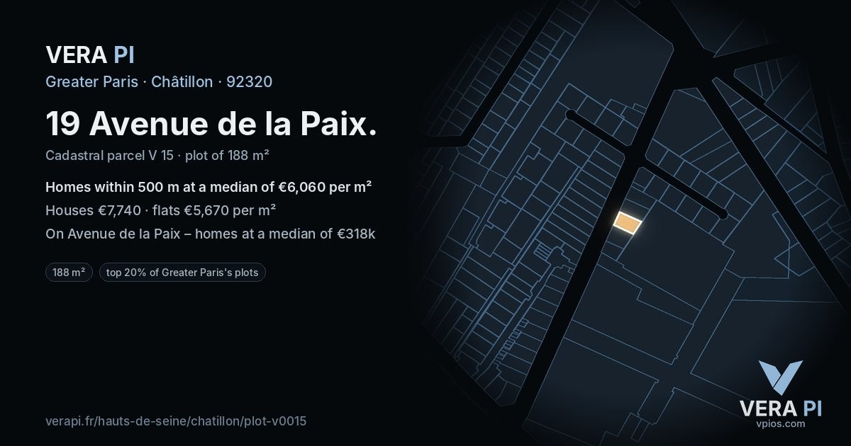 19 Avenue de la Paix, Châtillon at night – the plot lit, the parcels around coloured by the prices near them