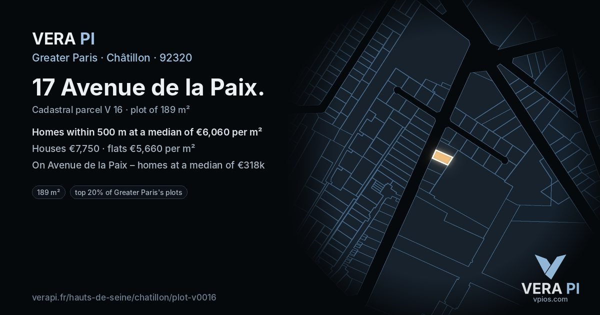 17 Avenue de la Paix, Châtillon at night – the plot lit, the parcels around coloured by the prices near them