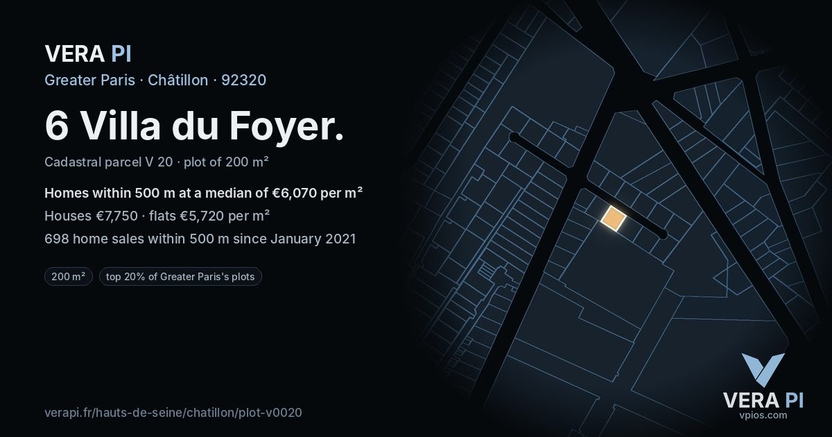 6 Villa du Foyer, Châtillon at night – the plot lit, the parcels around coloured by the prices near them