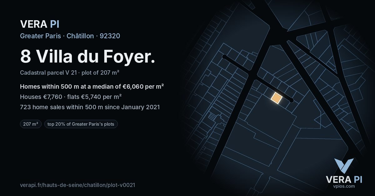 8 Villa du Foyer, Châtillon at night – the plot lit, the parcels around coloured by the prices near them