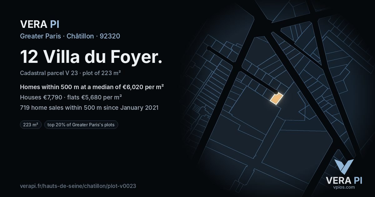 12 Villa du Foyer, Châtillon at night – the plot lit, the parcels around coloured by the prices near them