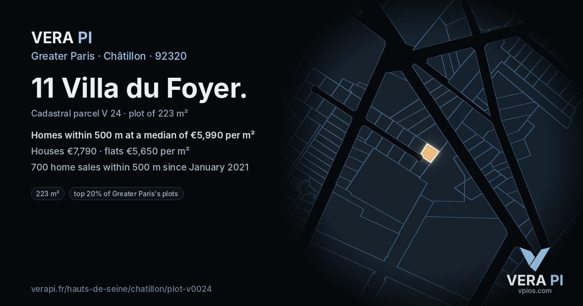 11 Villa du Foyer, Châtillon at night – the plot lit, the parcels around coloured by the prices near them