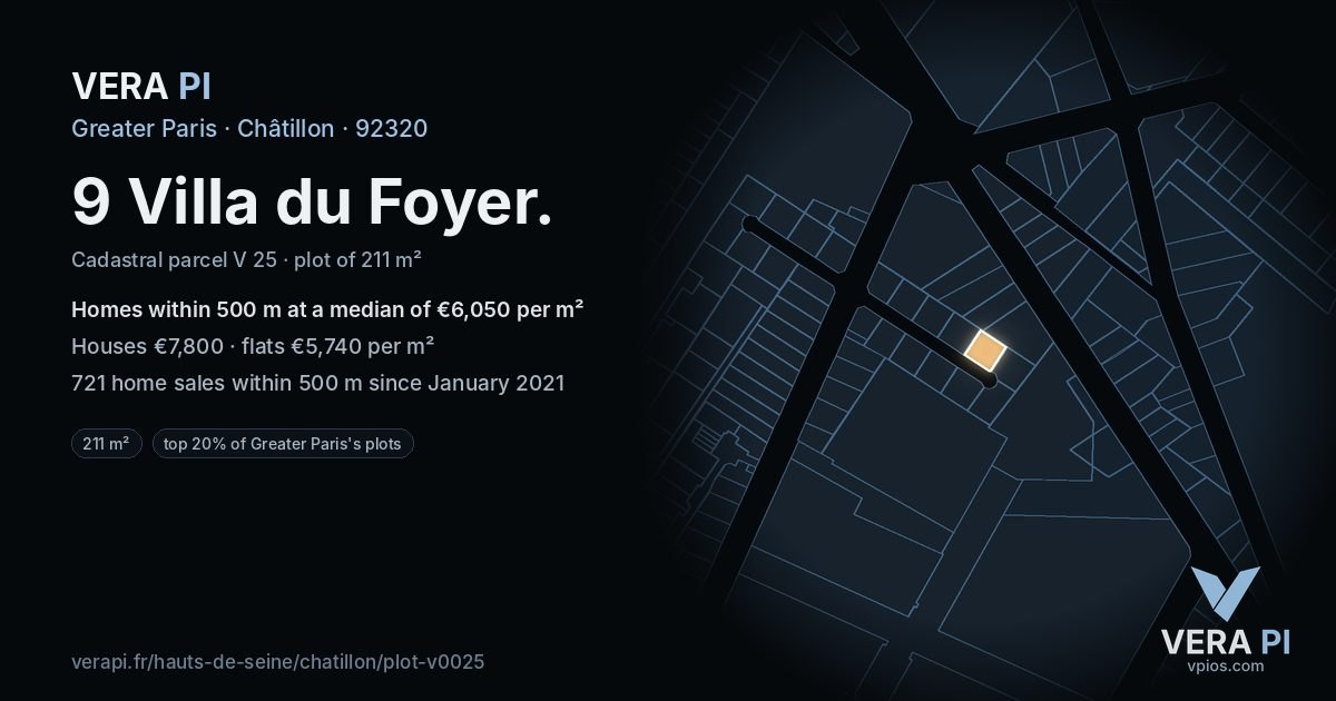 9 Villa du Foyer, Châtillon at night – the plot lit, the parcels around coloured by the prices near them