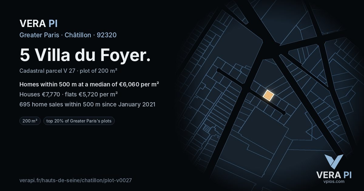 5 Villa du Foyer, Châtillon at night – the plot lit, the parcels around coloured by the prices near them