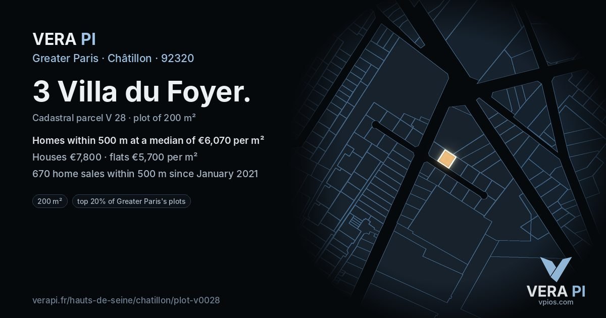 3 Villa du Foyer, Châtillon at night – the plot lit, the parcels around coloured by the prices near them