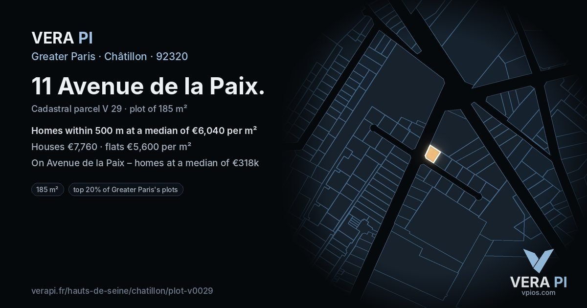 11 Avenue de la Paix, Châtillon at night – the plot lit, the parcels around coloured by the prices near them