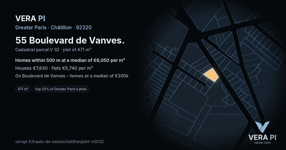 55 Boulevard de Vanves, Châtillon at night – the plot lit, the parcels around coloured by the prices near them